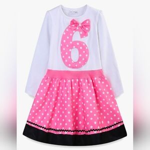 Girls 6th Birthday Pink and Black Polka Dot Long Sleeve Dress- Size 6 Years